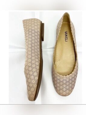 Vaneli Beige Perforated Scallop-Edge Ballet Flats